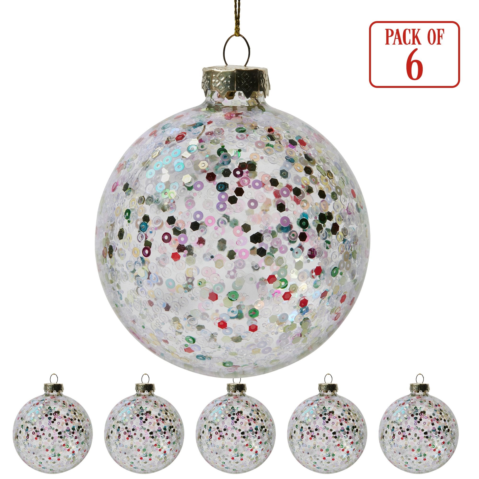 Christabelle Clear Glass Baubles 6Pcs with Colourful Sequins Balls Christmas Tree Decoration Ornament