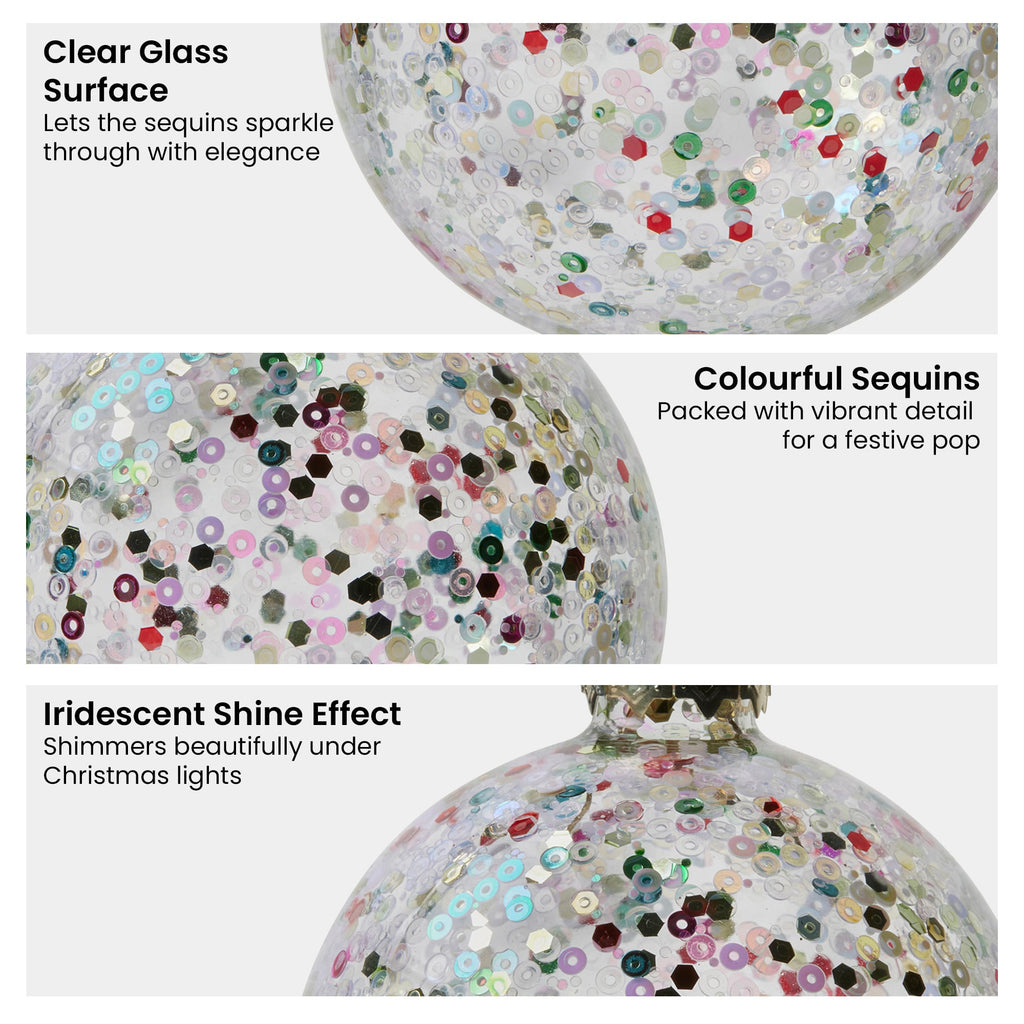 Christabelle Clear Glass Baubles 6Pcs with Colourful Sequins Balls Christmas Tree Decoration Ornament