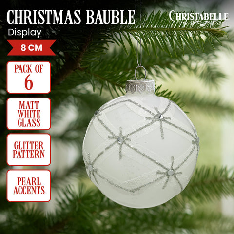 Christabelle Matt White Glass Baubles 6Pcs with Glitter Pattern & Pearls Balls Christmas Tree Decoration Ornament
