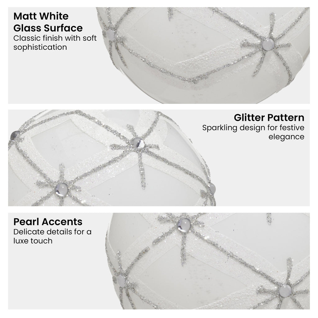 Christabelle Matt White Glass Baubles 6Pcs with Glitter Pattern & Pearls Balls Christmas Tree Decoration Ornament
