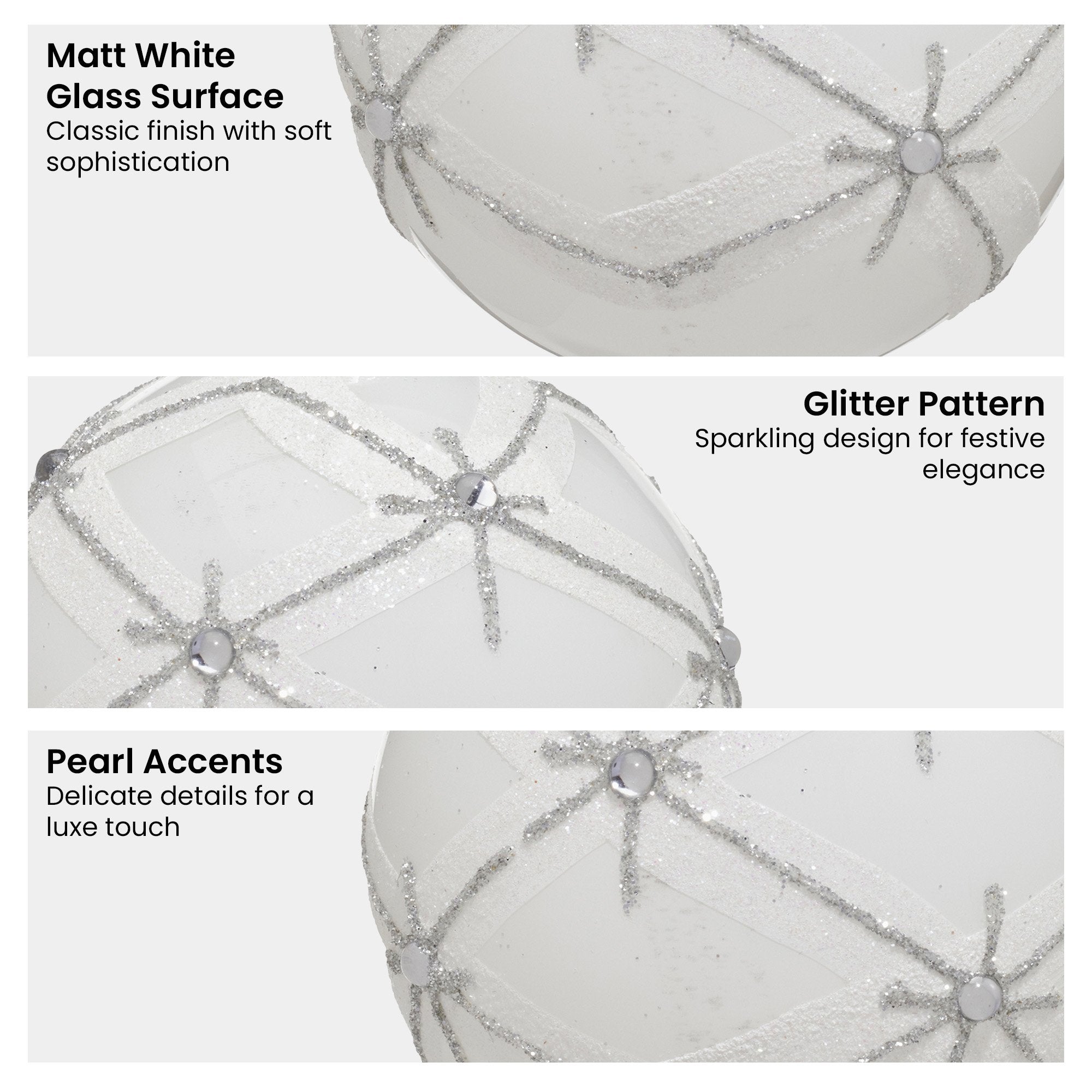 Christabelle Matt White Glass Baubles 6Pcs with Glitter Pattern & Pearls Balls Christmas Tree Decoration Ornament