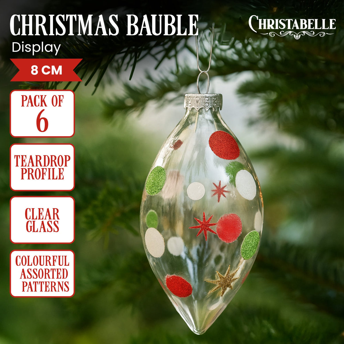 Christabelle Clear Glass Teardrop Baubles 6Pcs Balls Christmas Tree Decoration Ornament