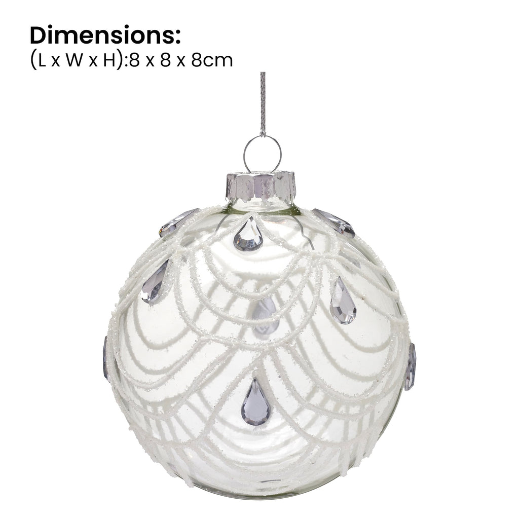 Christabelle Clear Glass Baubles 6Pcs with White Swirls & Teardrop Gems Balls Christmas Tree Decoration Ornament