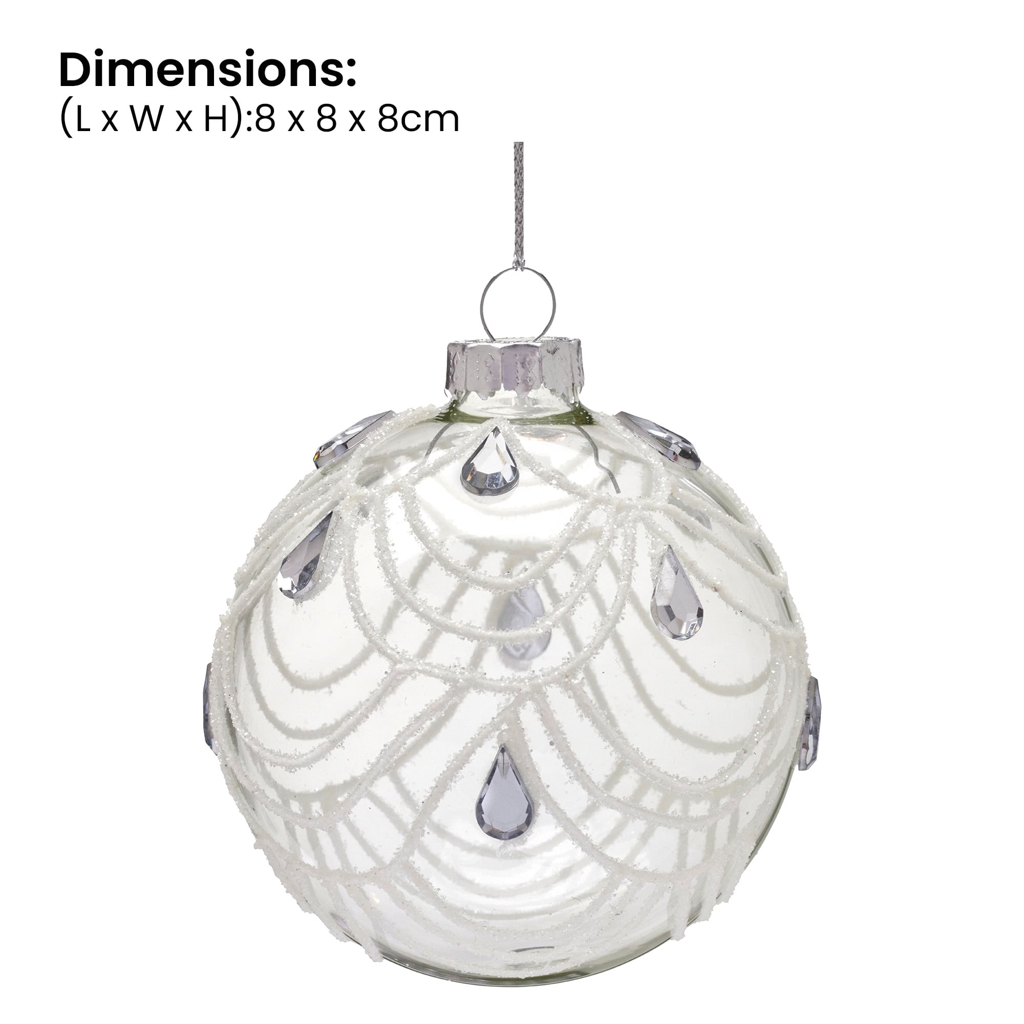 Christabelle Clear Glass Baubles 6Pcs with White Swirls & Teardrop Gems Balls Christmas Tree Decoration Ornament
