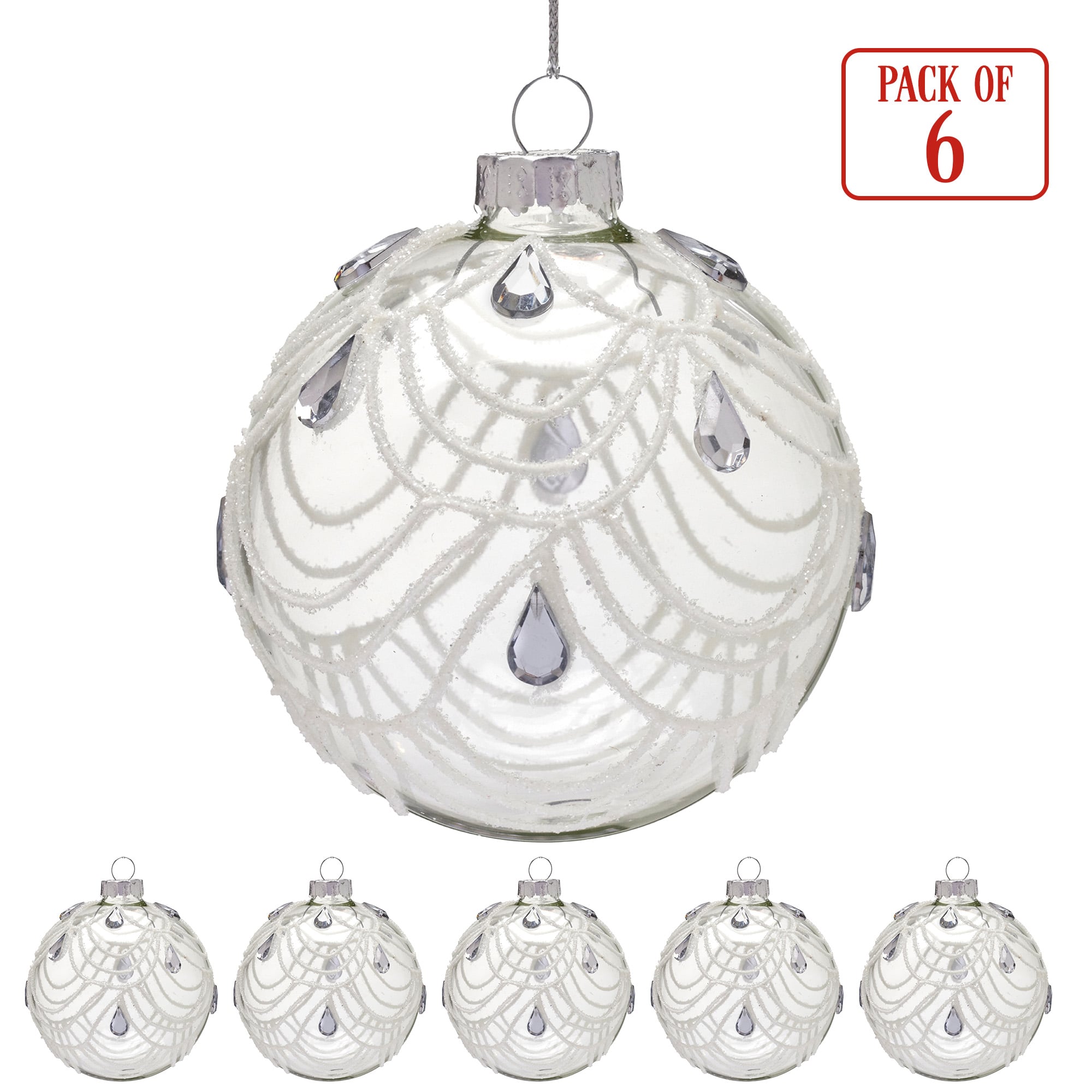 Christabelle Clear Glass Baubles 6Pcs with White Swirls & Teardrop Gems Balls Christmas Tree Decoration Ornament