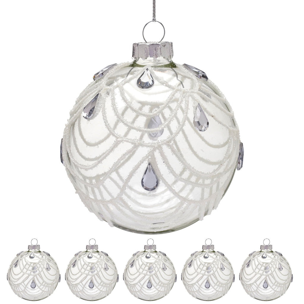 Christabelle Clear Glass Baubles 6Pcs with White Swirls & Teardrop Gems Balls Christmas Tree Decoration Ornament