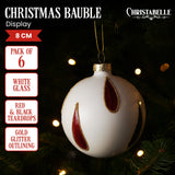 Christabelle White Glass Baubles 6Pcs with Red & Black Teardrops Balls Christmas Tree Decoration Ornament