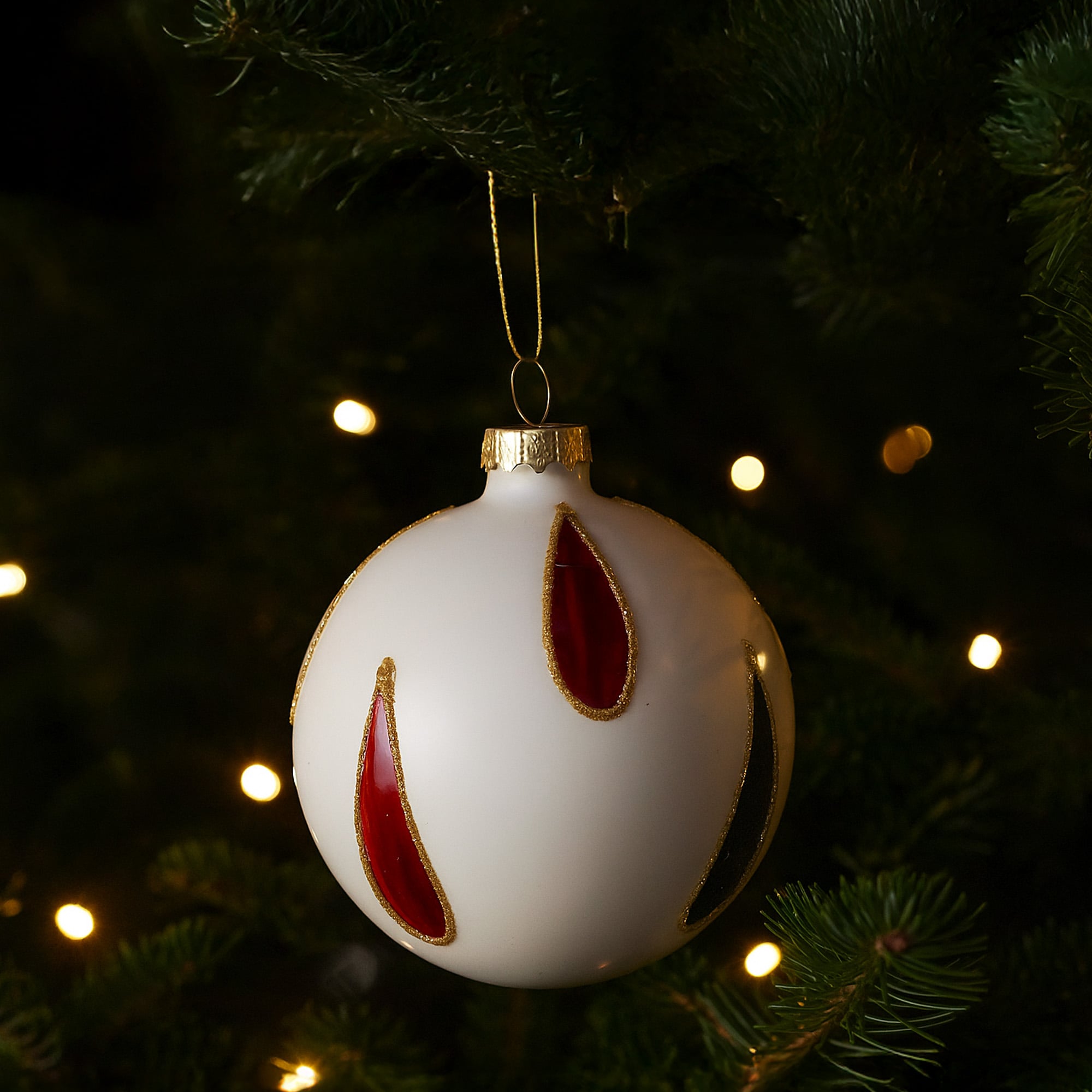 Christabelle White Glass Baubles 6Pcs with Red & Black Teardrops Balls Christmas Tree Decoration Ornament