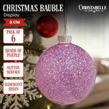 Christabelle Box of 6 Purple Glass Baubles with Glittered Surface