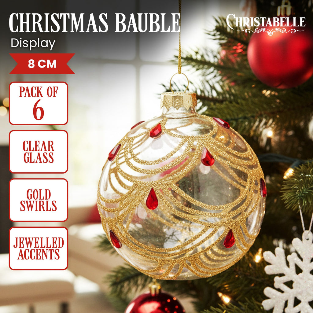 Christabelle Box of 6 Clear Glass Baubles with Gold Swirls and Jewels