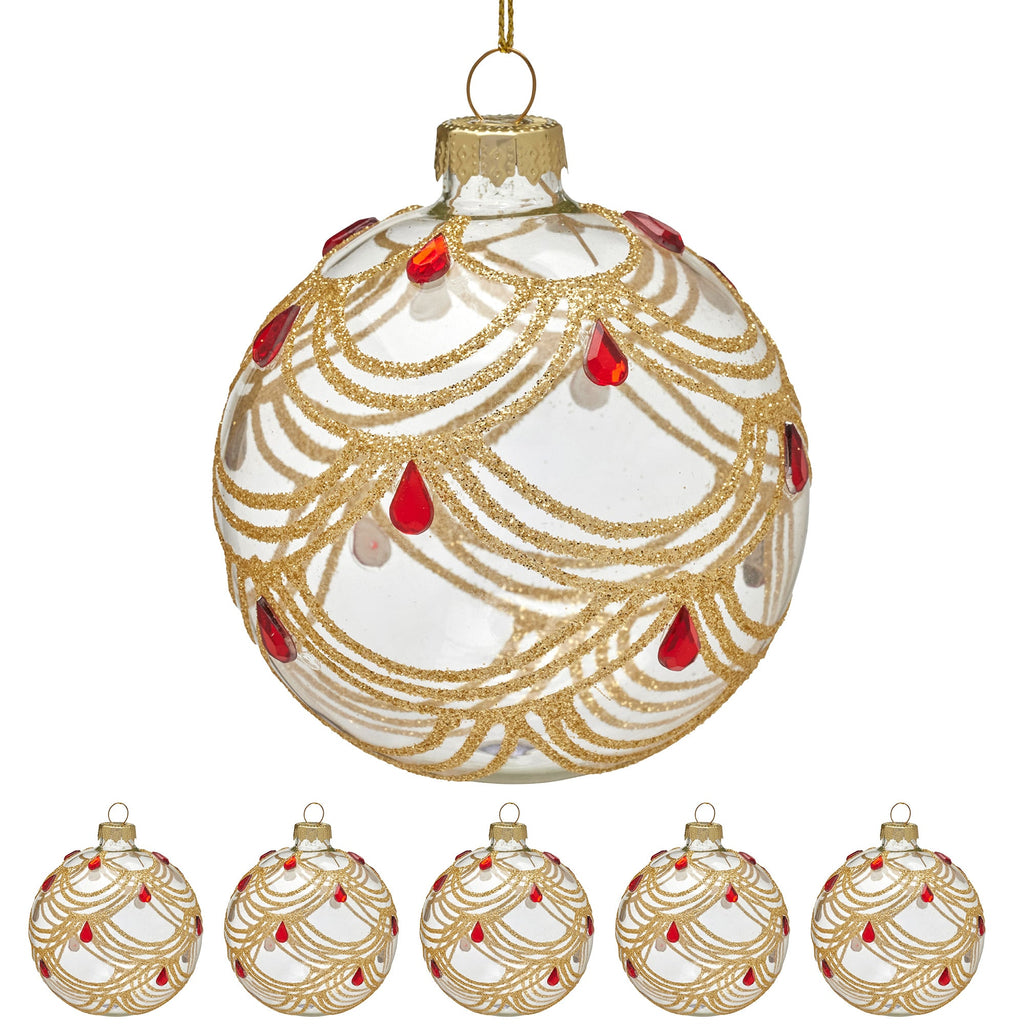 Christabelle Box of 6 Clear Glass Baubles with Gold Swirls and Jewels