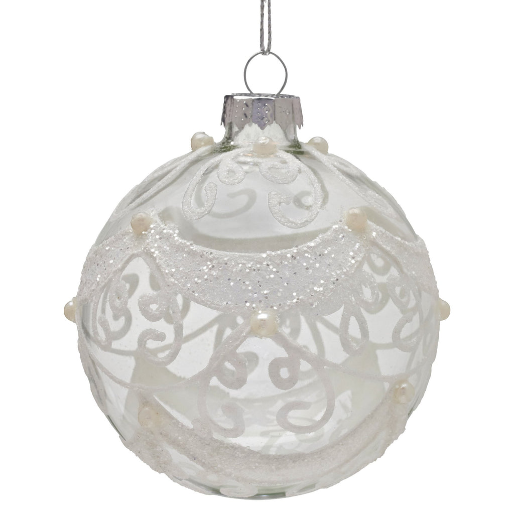 Christabelle Box of 6 Clear Glass Baubles with Glitter Swirls and Pearls