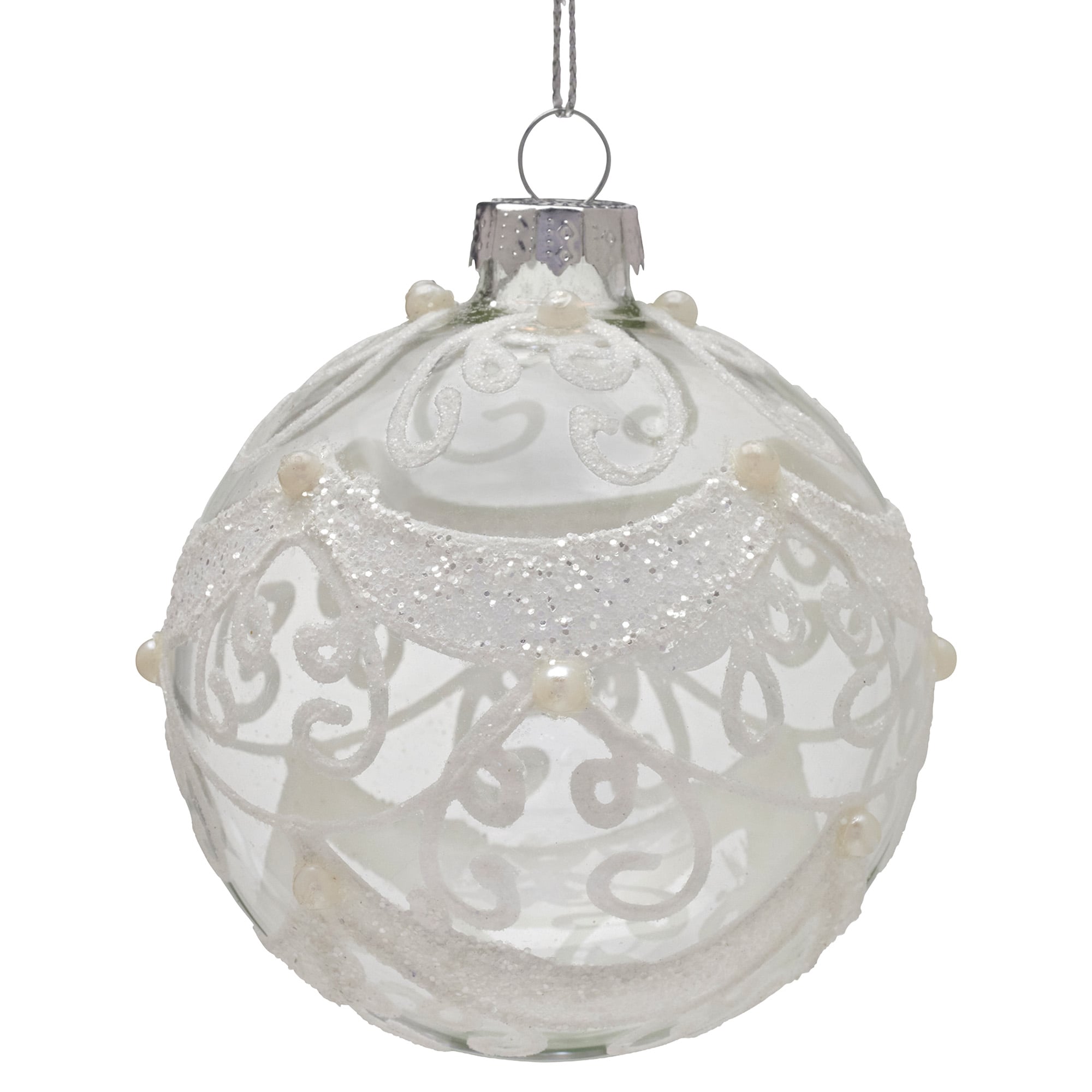 Christabelle Box of 6 Clear Glass Baubles with Glitter Swirls and Pearls