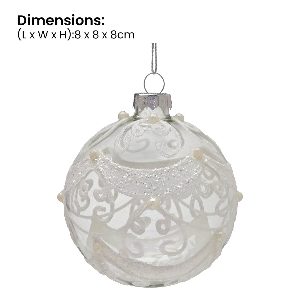 Christabelle Box of 6 Clear Glass Baubles with Glitter Swirls and Pearls