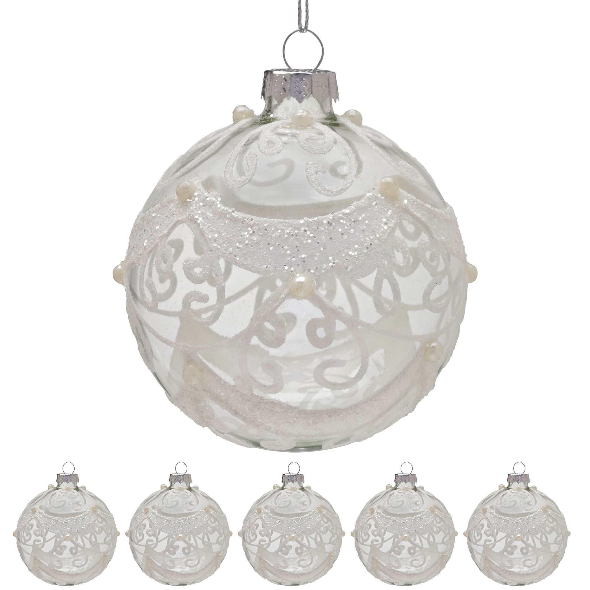 Christabelle Box of 6 Clear Glass Baubles with Glitter Swirls and Pearls