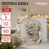 Christabelle Box of 6 Clear Glass Baubles with Glitter Swirls and Gold Pearls