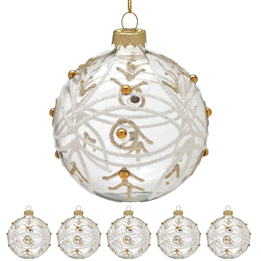 Christabelle Box of 6 Clear Glass Baubles with Glitter Swirls and Gold Pearls
