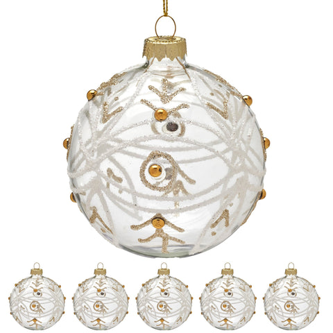 Christabelle Box of 6 Clear Glass Baubles with Glitter Swirls and Gold Pearls