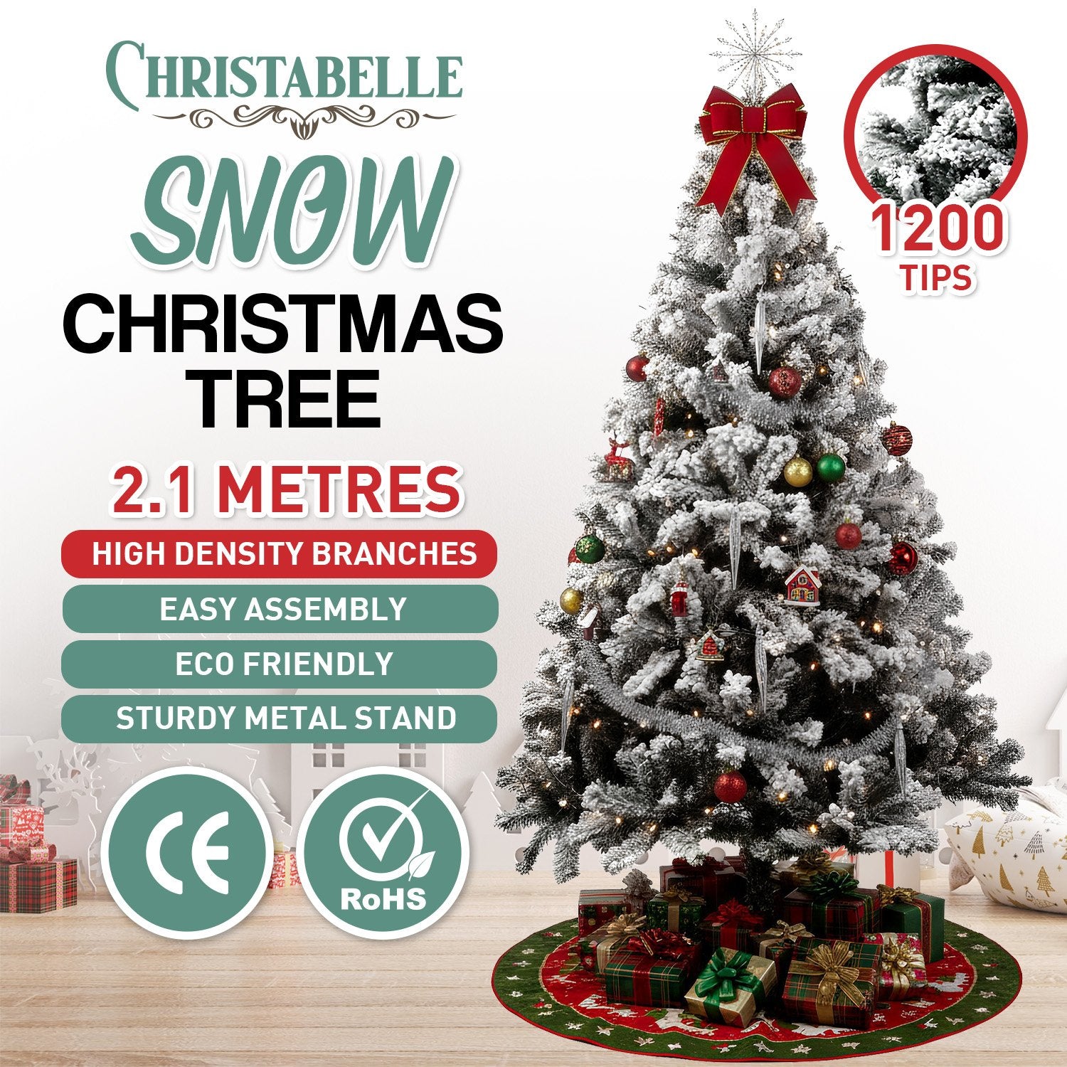 2.1m Christabelle Snow-Tipped Snow Flocked Artificial Christmas Tree 1200 Tips