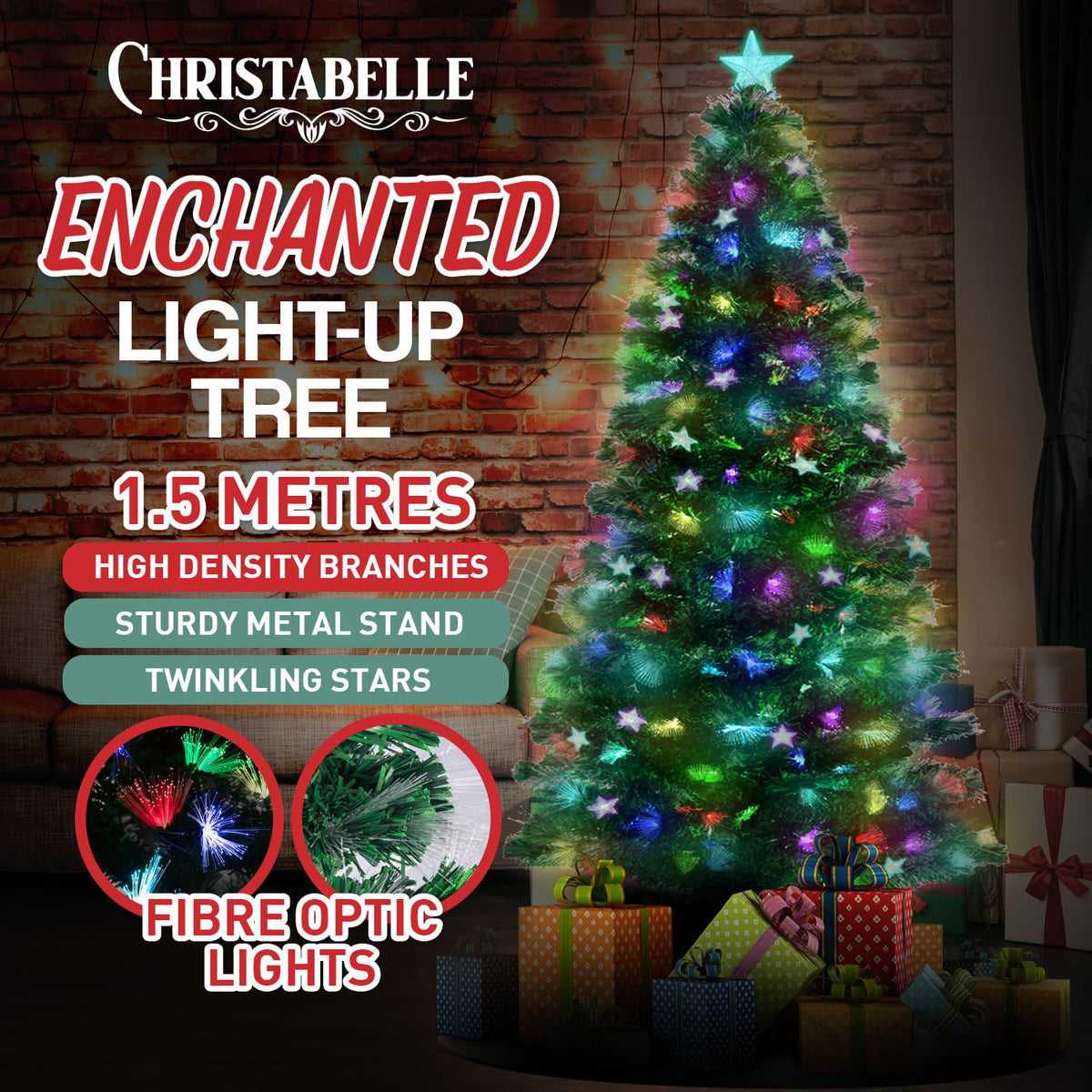 Christabelle 1.5m Pre-Lit Fibre Optic Artificial Christmas Tree with Multicolour Twinkling Star Lights