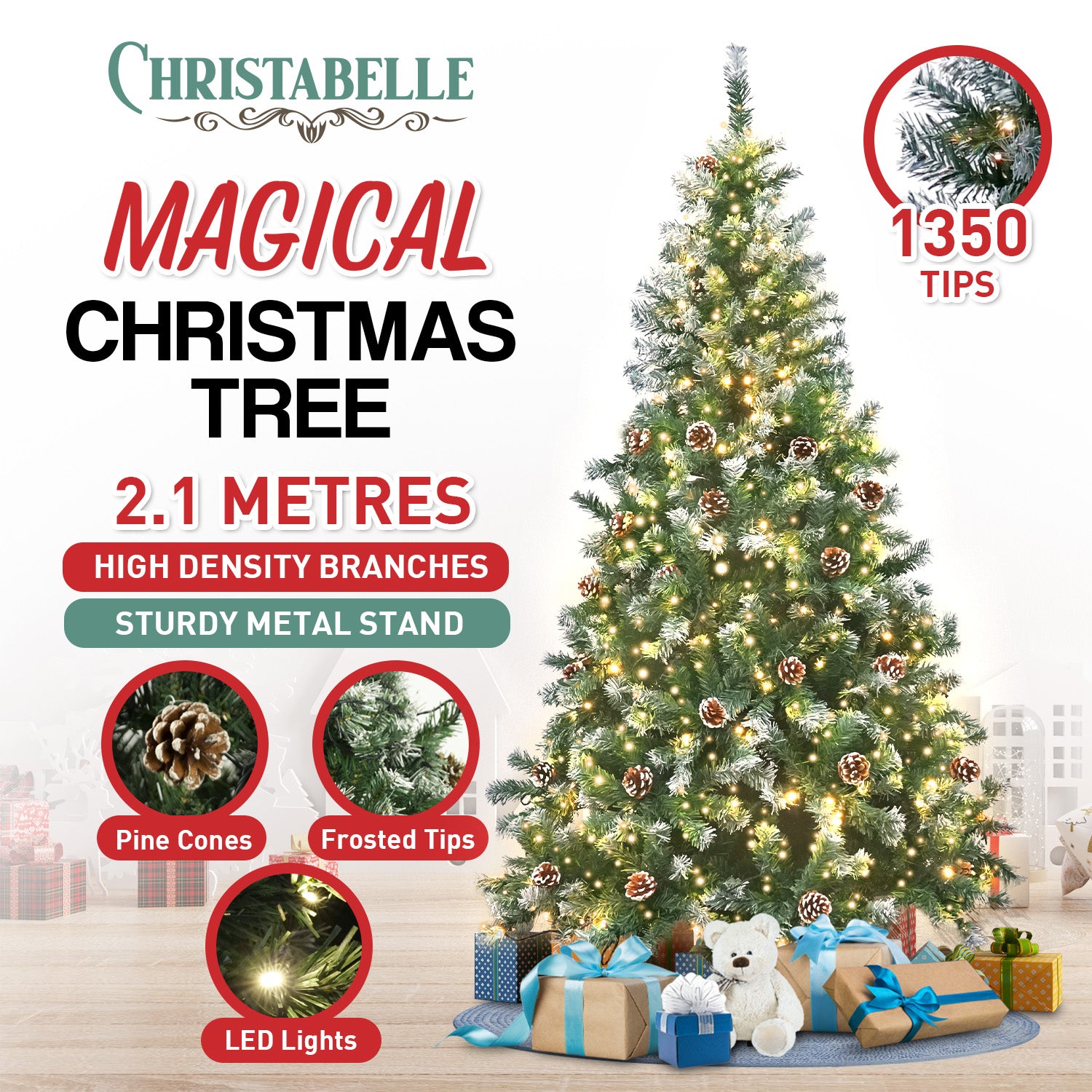 2.1m Christabelle Pre Lit LED Christmas Tree with Pine Cones
