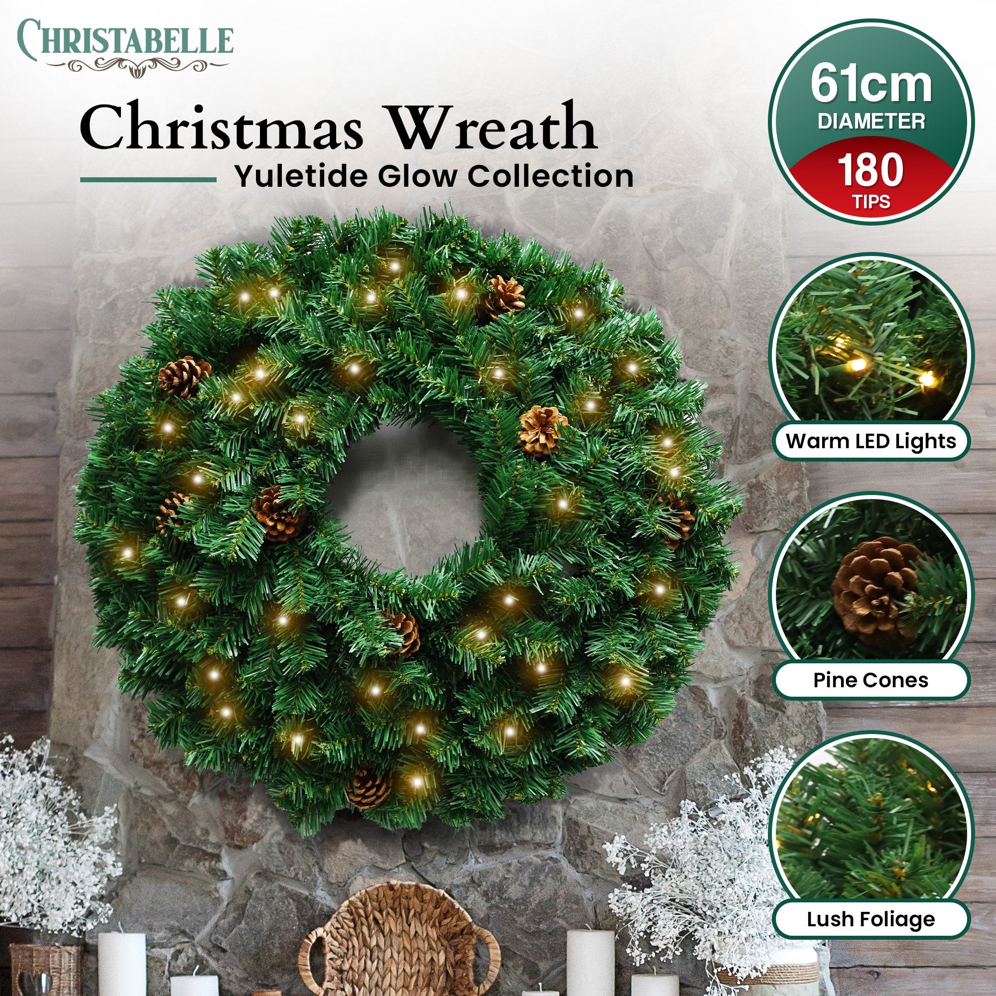 Christabelle 61cm Christmas Wreath  Yuletide Glow with Pine Cones and LED Lights Front Door Decoration