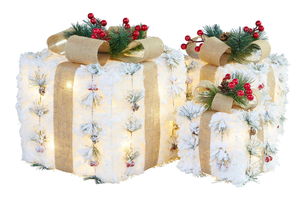 3 Piece Christmas Present Display Set with Lights & Hessian Bows