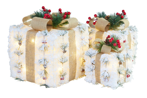 3 Piece Christmas Present Display Set with Lights & Hessian Bows