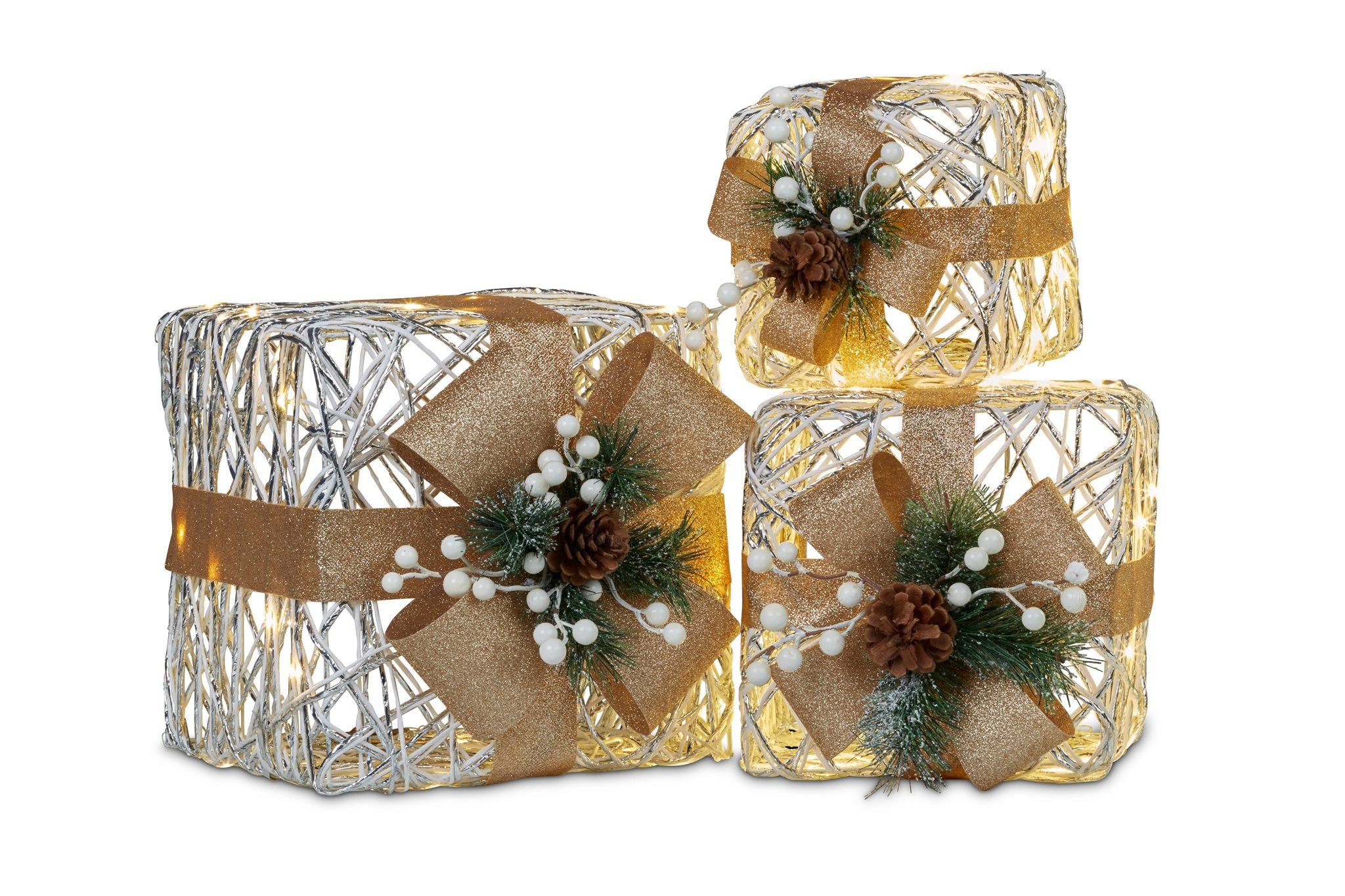 3 Piece Christmas Present Display Set with Lights & Gold Bows
